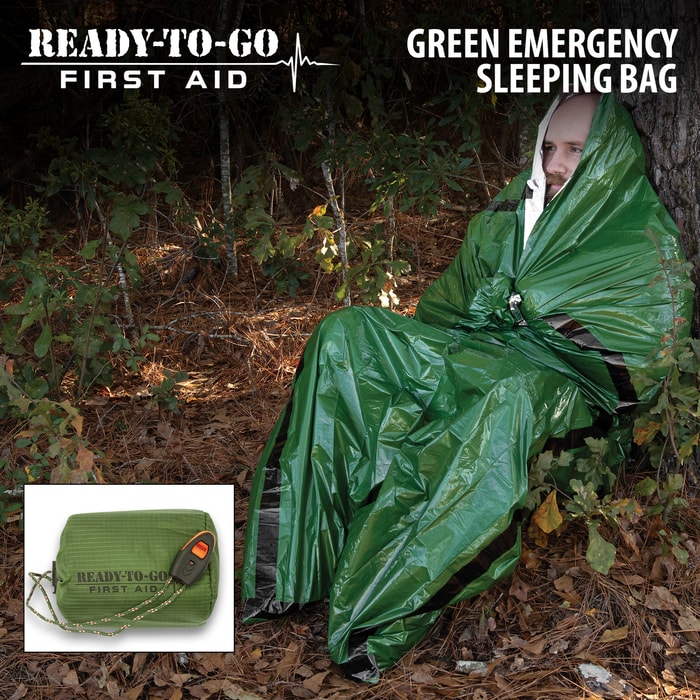Full image of a person in the Ready-To-Go Green Emergency Sleeping Bag.